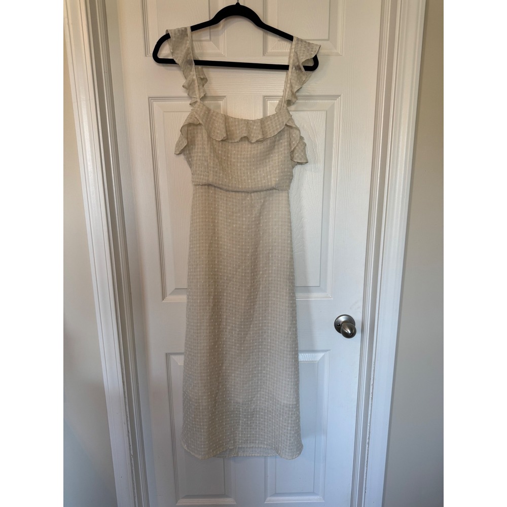 Lulus Cream Gingham Swiss Dot Ruffle Open Tie Back Midi Dress Womens Size Medium